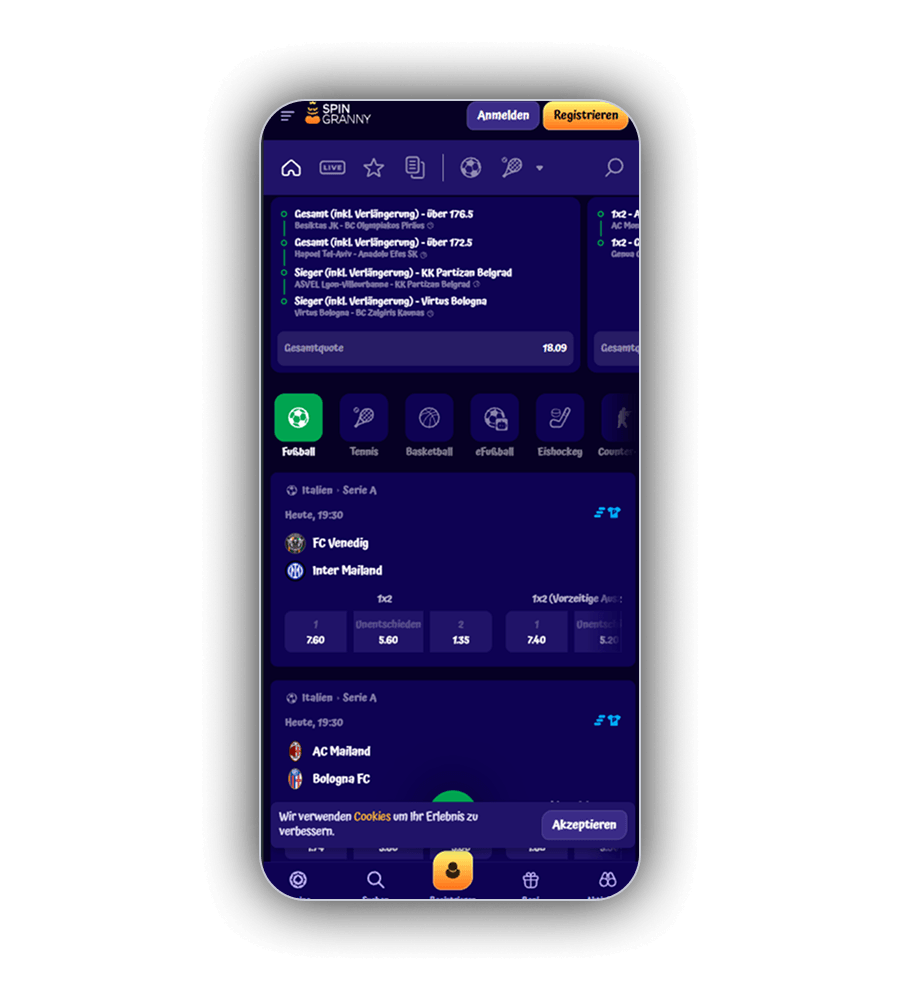 SpinGranny Sportwetten mit Live-Quoten für Fußball, Basketball und eSports auf dem Smartphone